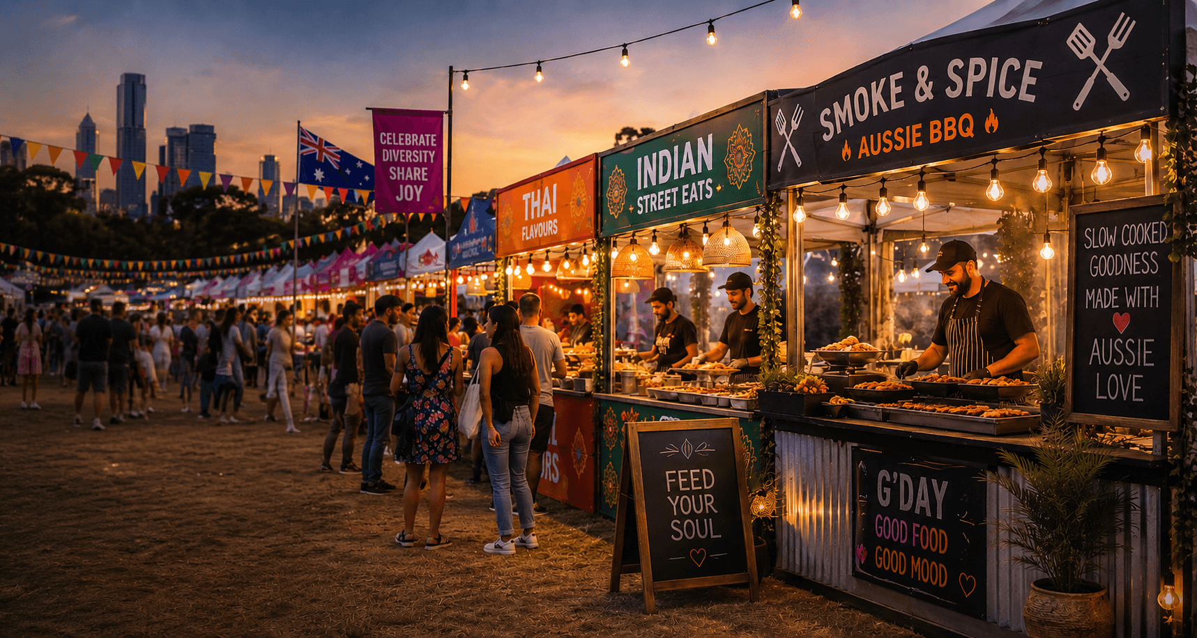 Multicultural food stalls at an Australian street food festival at dusk, with string lights and crowds